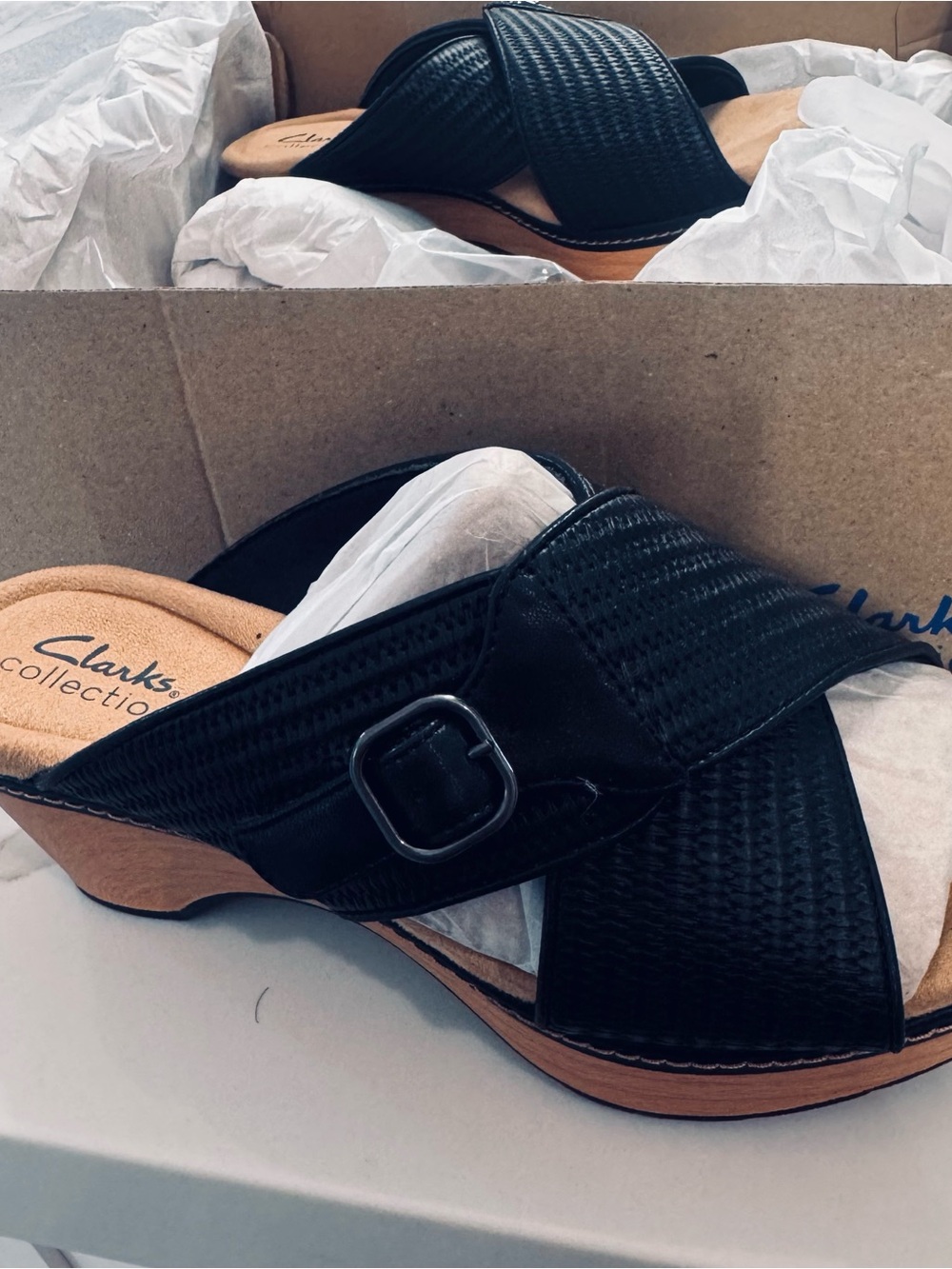 Clarks Black Woven Slide Wedge Sandals with Buckle